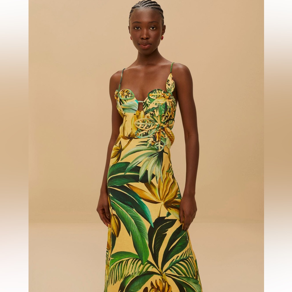 Farm Rio Bananart & 3d Applique Linen Midi Dress, Green/Yellow/Beige, Nwt Xs